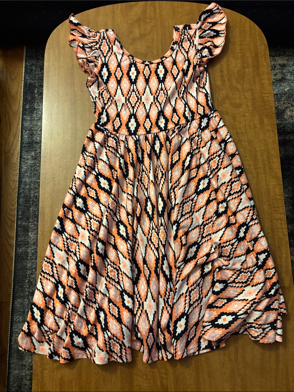 Dot Dot Smile Orange Black White Aztec Print Flutter Sleeve Dress